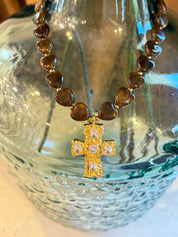 Chunky Brown Stone And Gold Cross Necklace