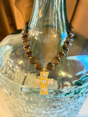 Chunky Brown Stone And Gold Cross Necklace