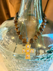 Chunky Brown Stone And Gold Cross Necklace