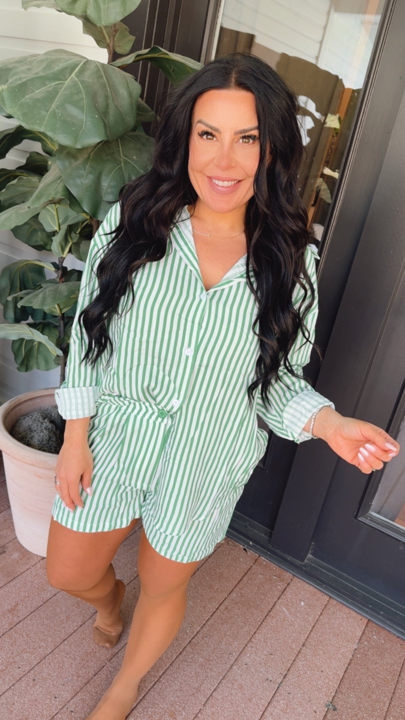 Green Stripe Trouser Shorts