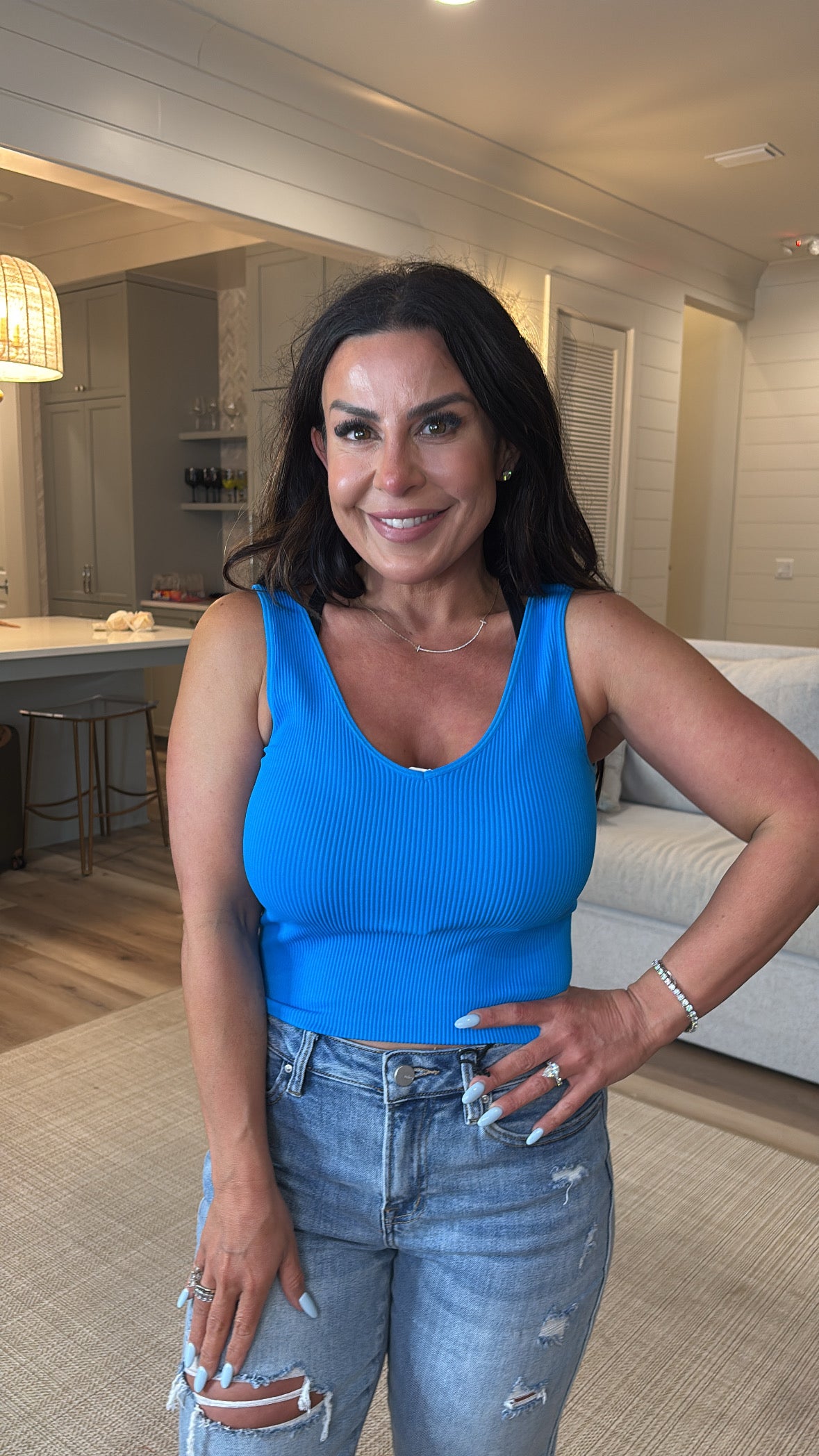 Yelete Turquoise Blue Reversible Ribbed Seamless Tank 30a