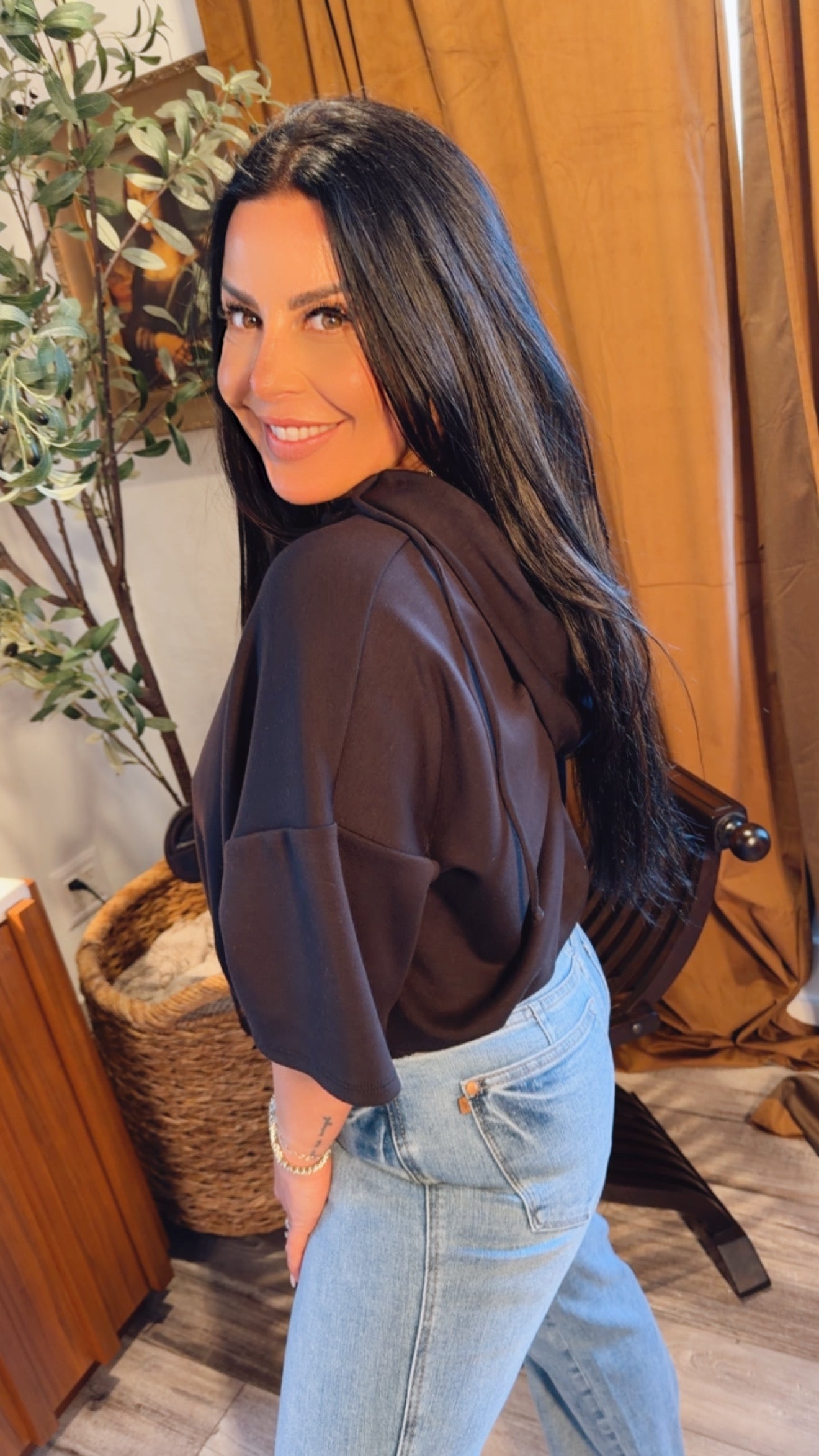 Ultra Soft Black Short Sleeve Hoodie Top