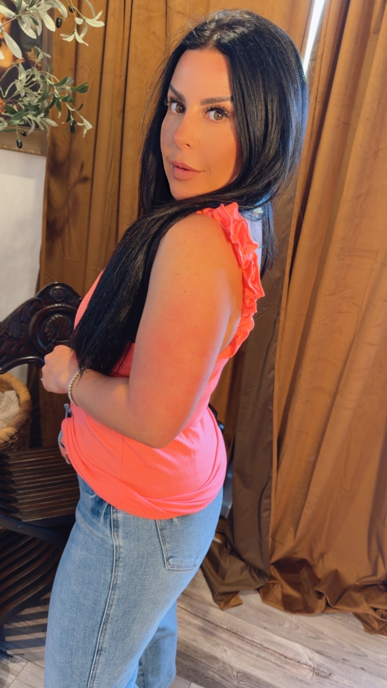 Neon Pink Ribbed Flutter Sleeve Tunic Tank