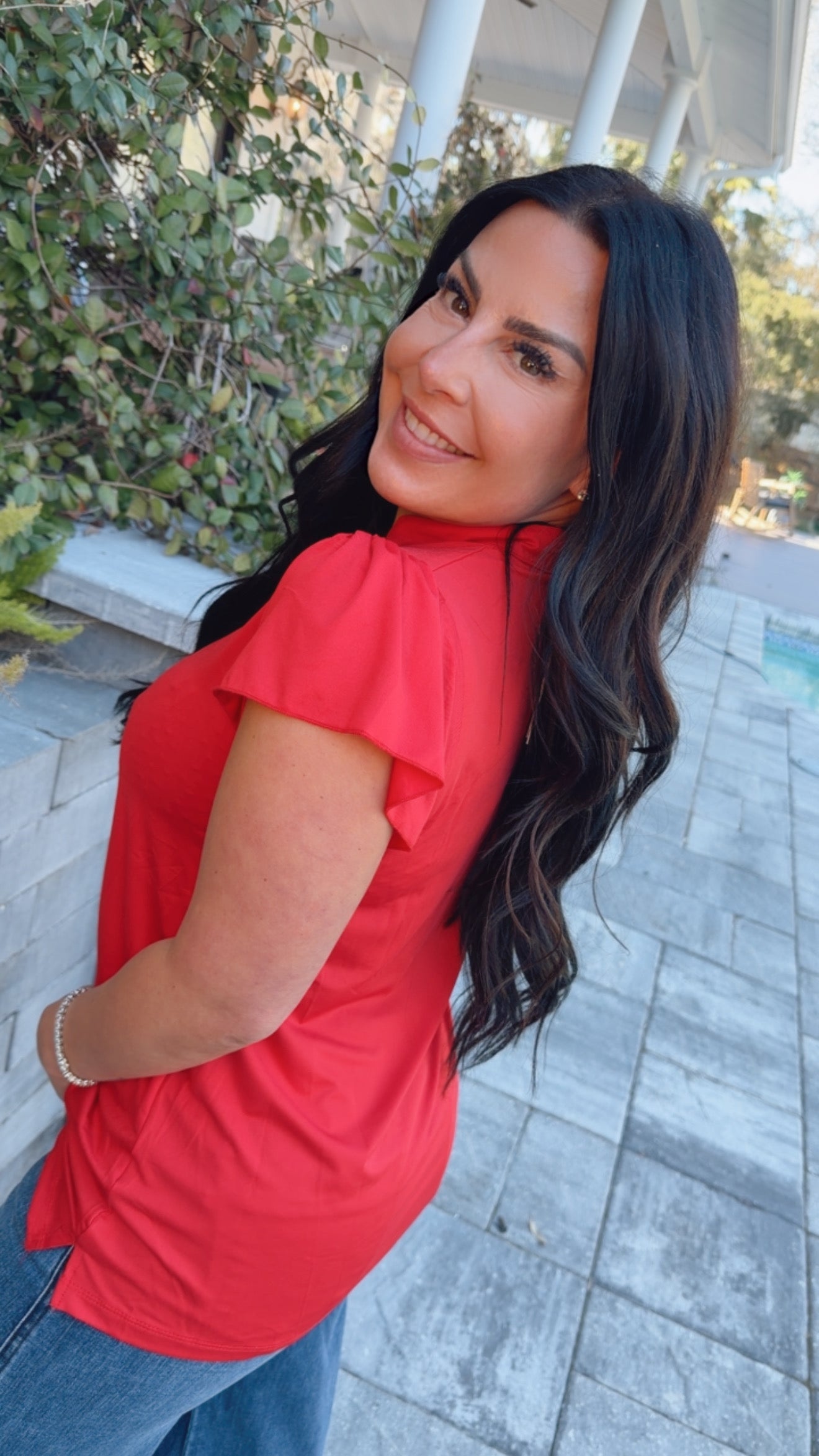 Lightweight Ultra Soft Red Collared Ruffle Sleeve Top