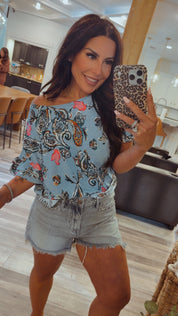 Soft Blue and Paisley Top