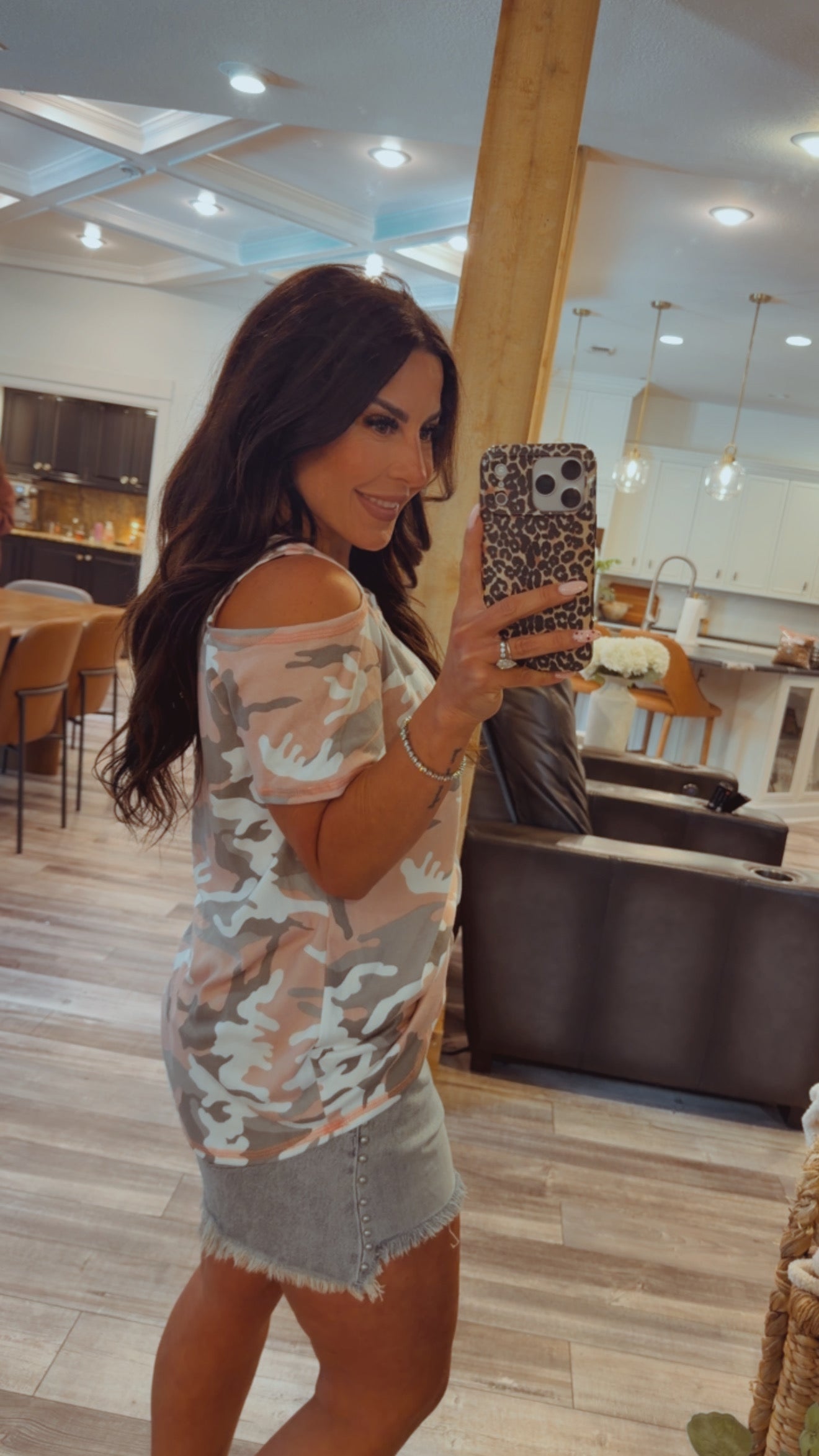 Pink And Grey Soft Camo Cold Shoulder Top