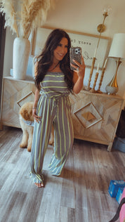 Grey and Green Striped Strapless Jumpsuit