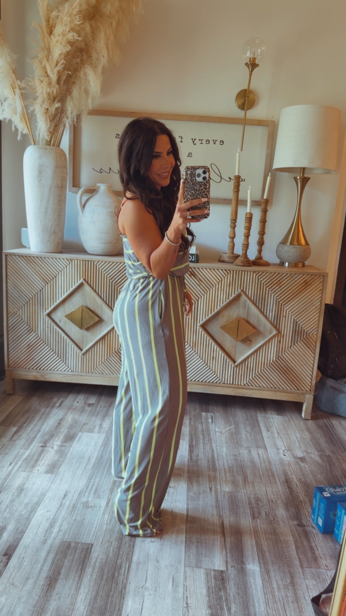Grey and Green Striped Strapless Jumpsuit