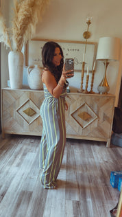 Grey and Green Striped Strapless Jumpsuit