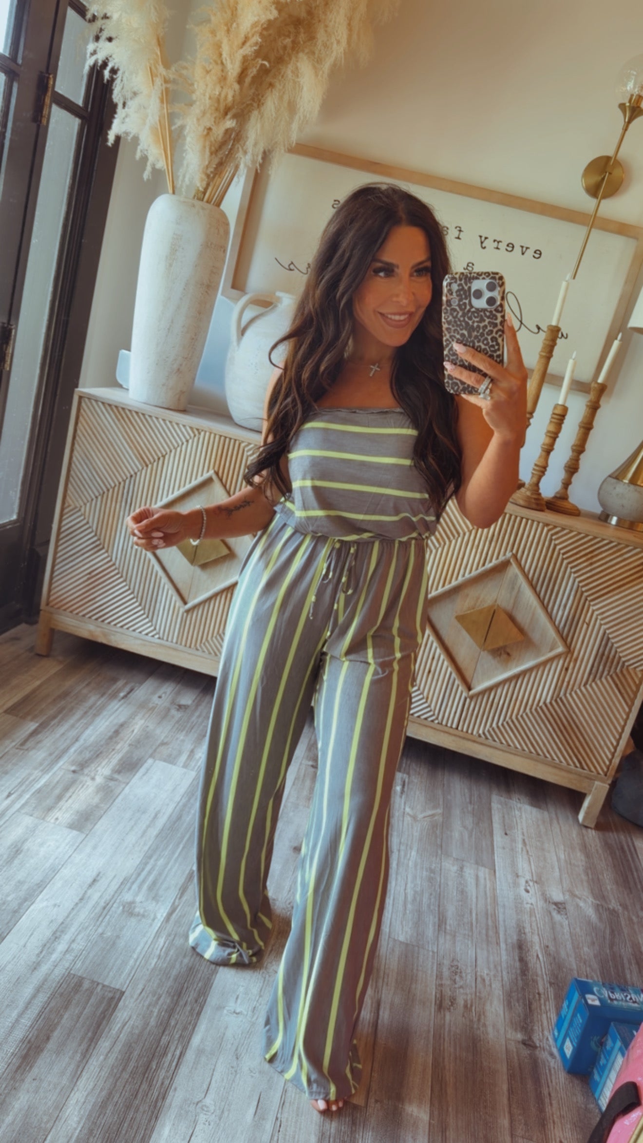 Grey and Green Striped Strapless Jumpsuit