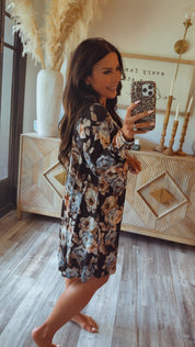 Black and Floral Long Sleeve Lightweight Dress