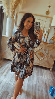 Black and Floral Long Sleeve Lightweight Dress