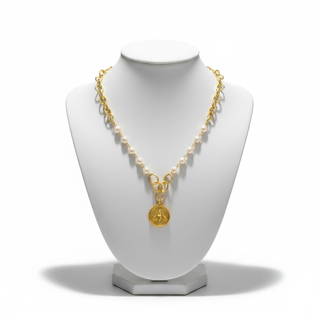 Chic Hand Made Bee Coin and Pearl Necklace