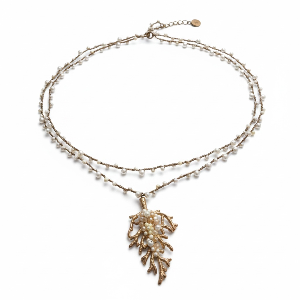 White and Pearl Beaded Coral Necklace