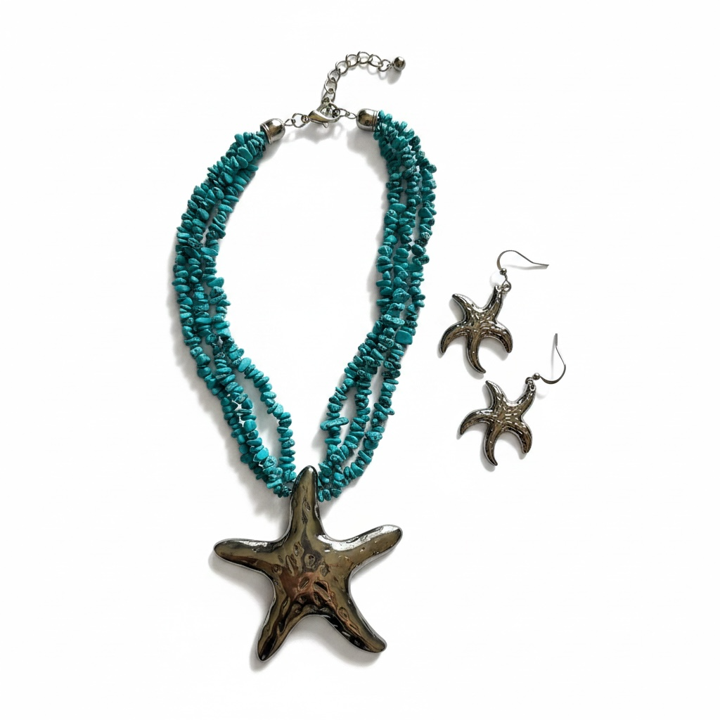 Turquoise And Gold Chunky Shell With Matching Earrings