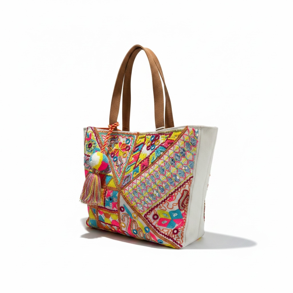 Large multi color beaded Tote Bag with Pom