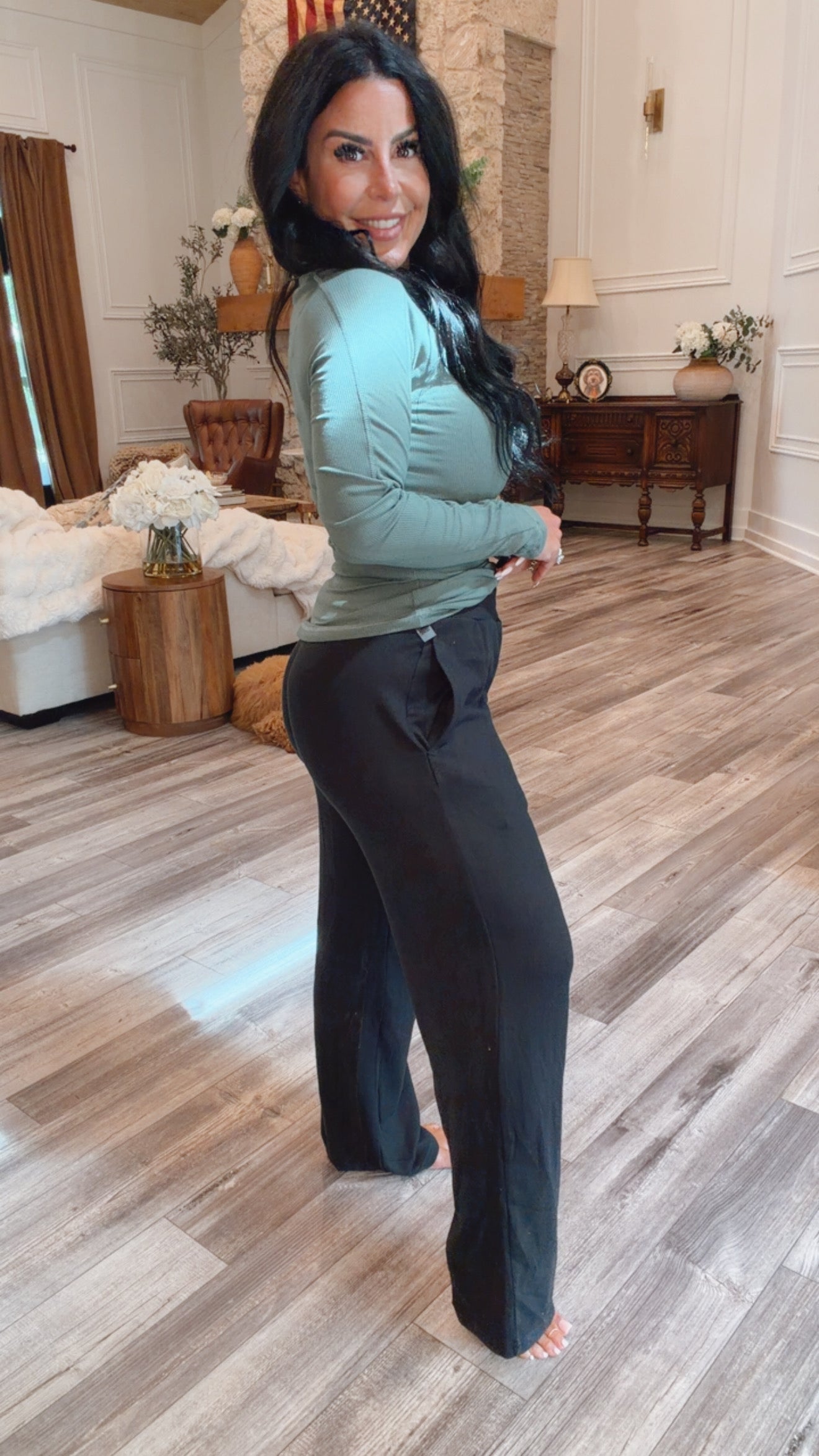 Ultra Soft Sage Green  Ribbed Long Sleeve 1/4 Button Top
