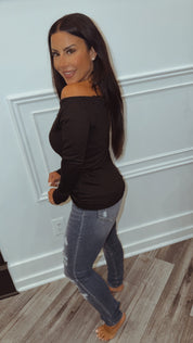 Black Off Shoulder Lace Trim Long Sleeve Top