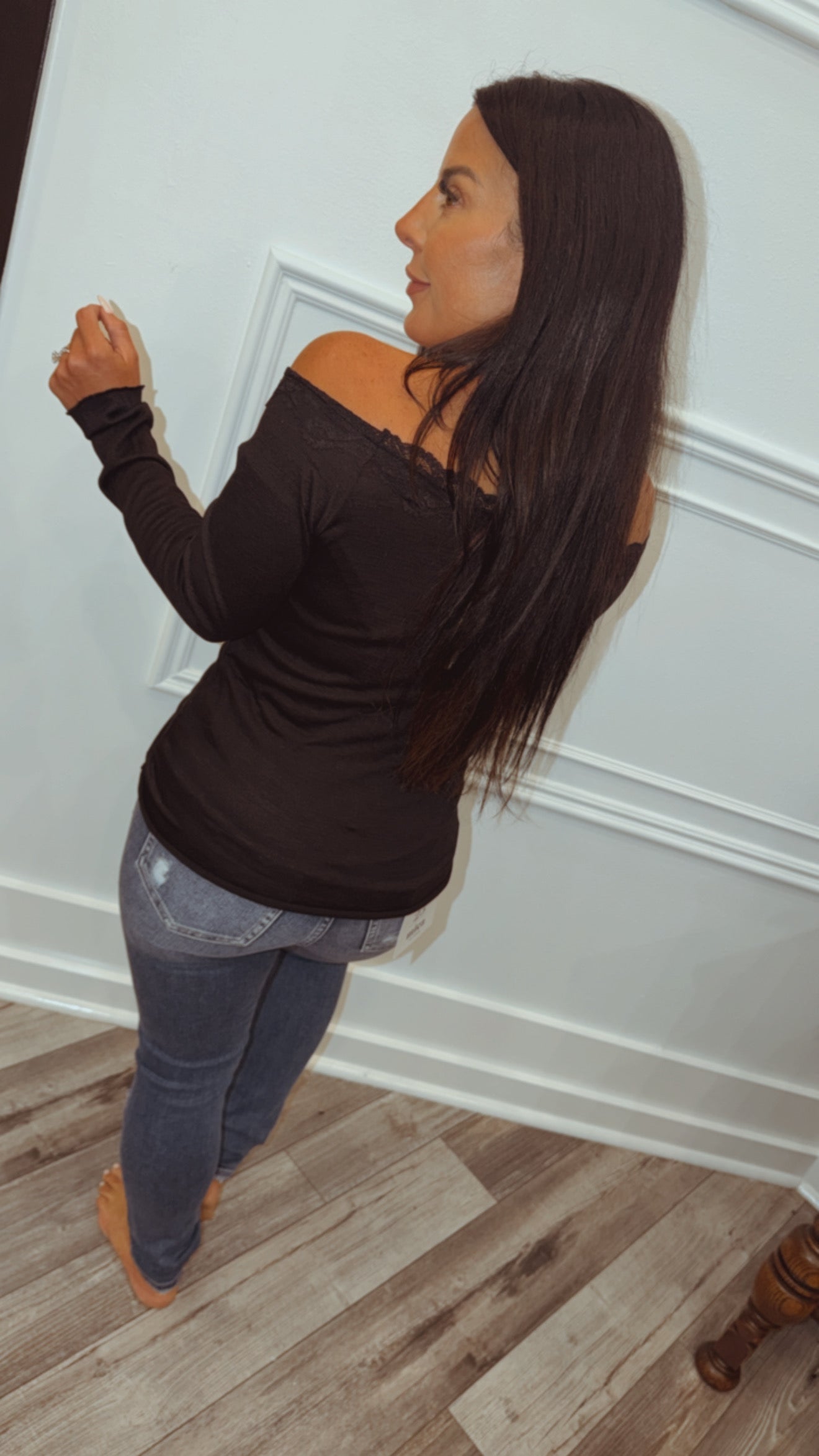 Black Off Shoulder Lace Trim Long Sleeve Top
