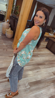 Mint and Floral Ribbed Loose Fit Tank