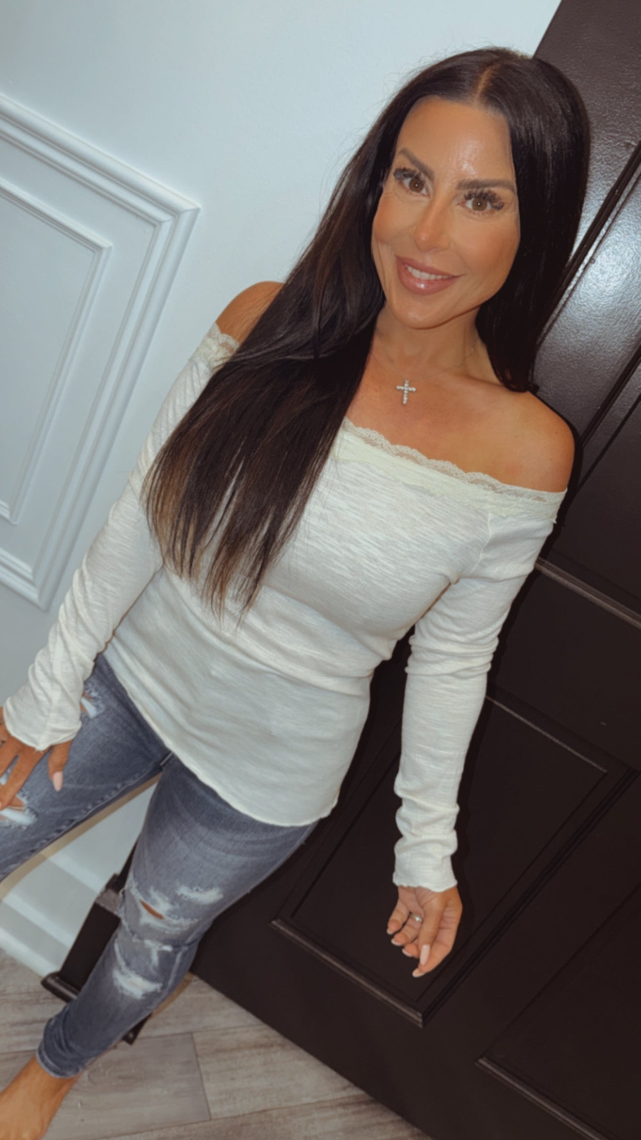 Ivory Off Shoulder Lace Trim Long Sleeve Top