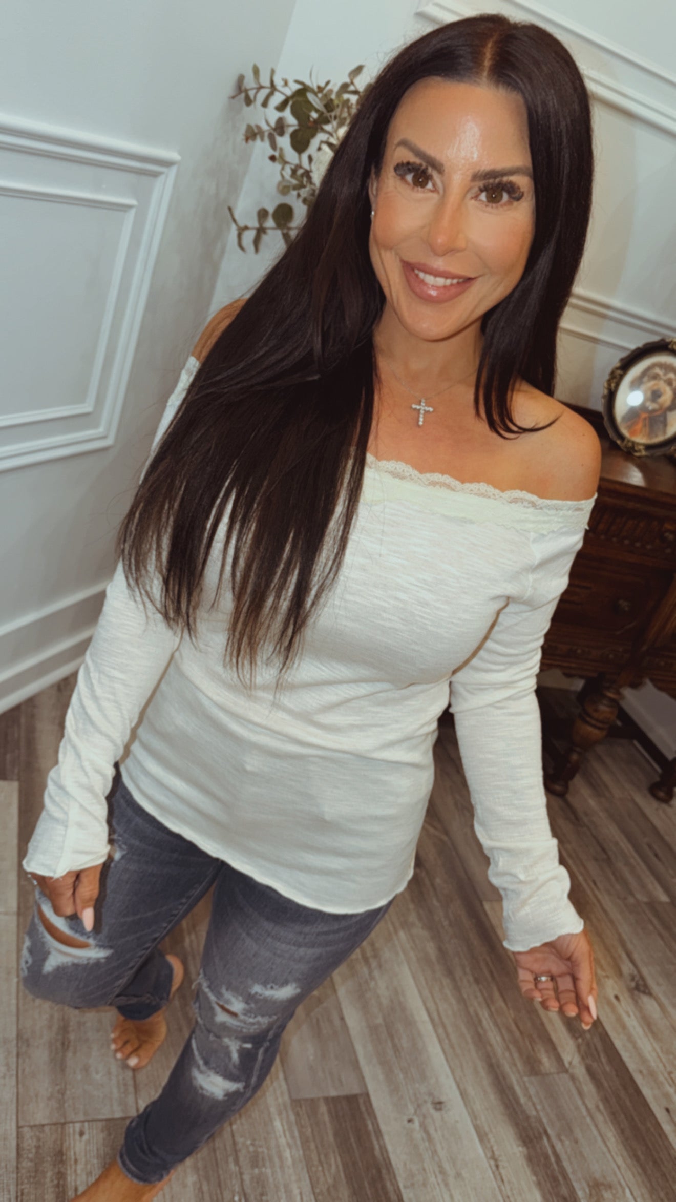 Ivory Off Shoulder Lace Trim Long Sleeve Top