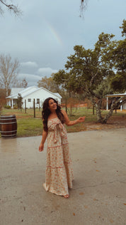 Taupe And Red Floral Maxi Dress