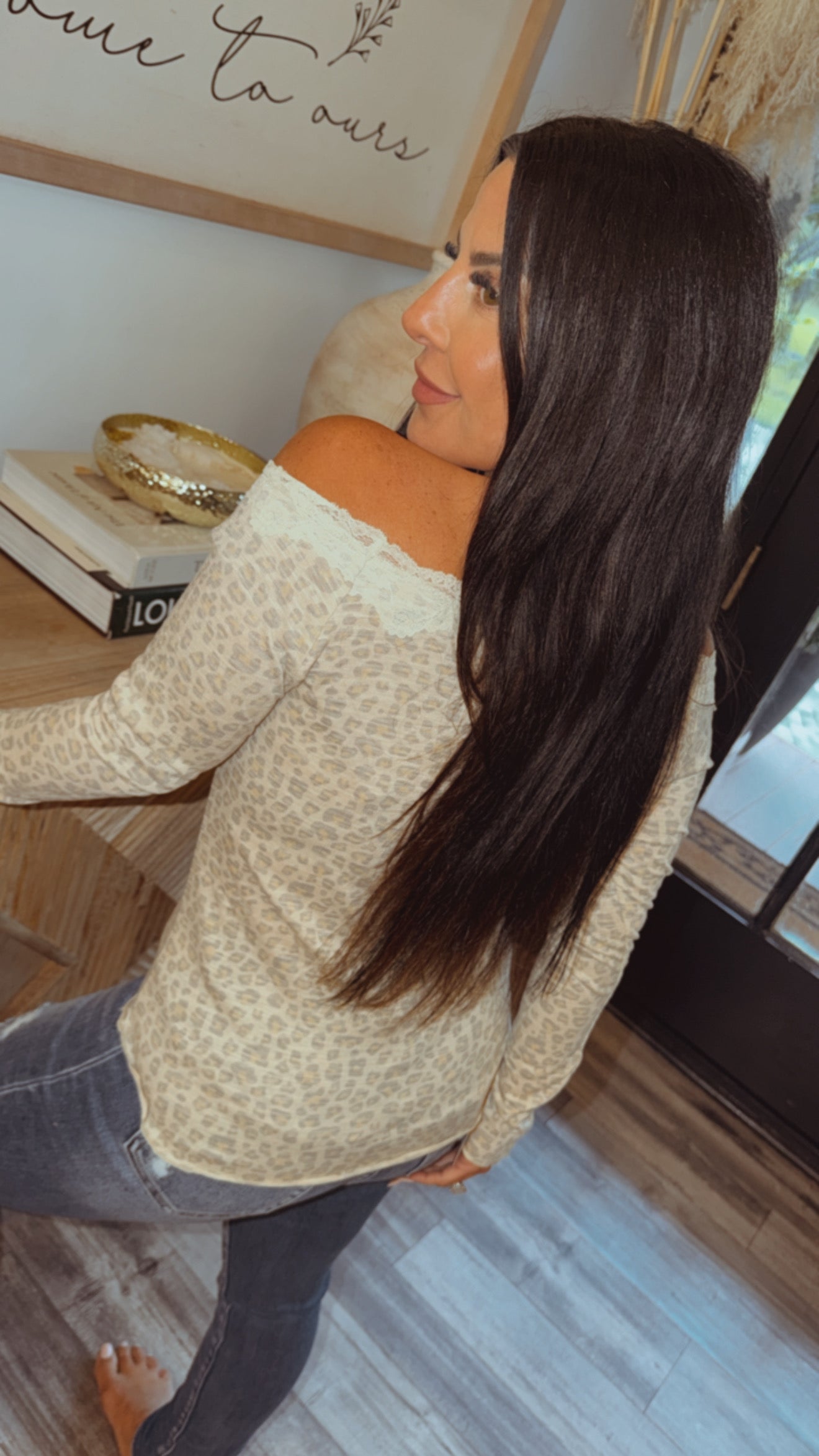 Leopard Off Shoulder Lace Trim Long Sleeve Top
