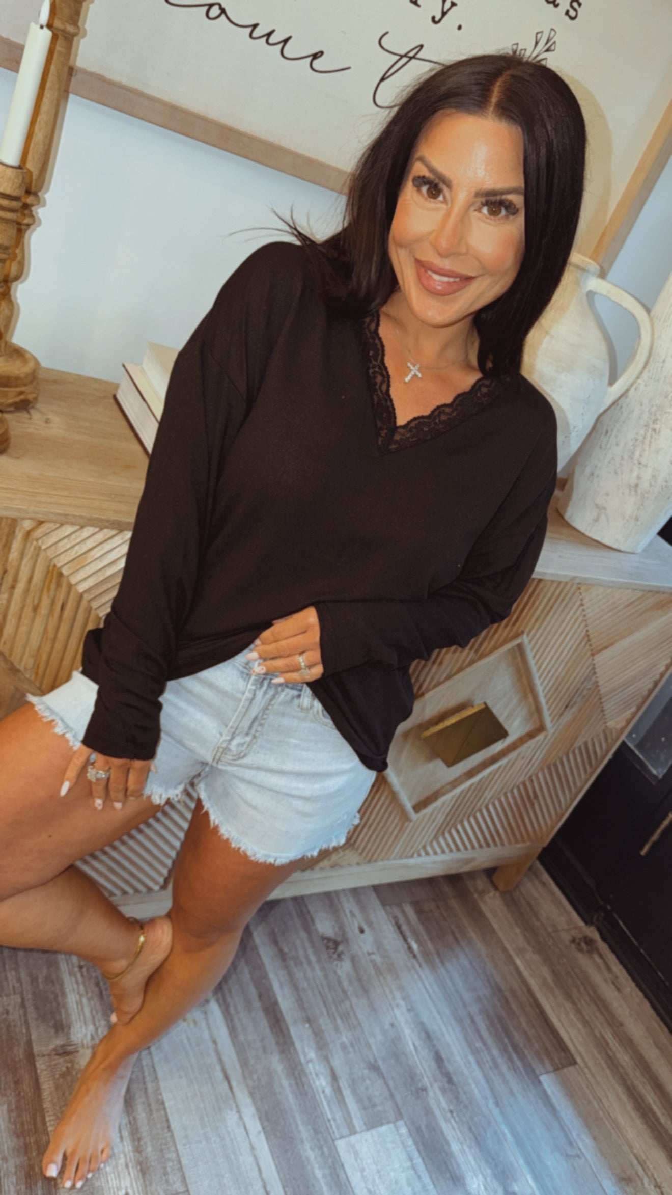Black Loose Fit Lace Trim V neck Long Sleeve Top