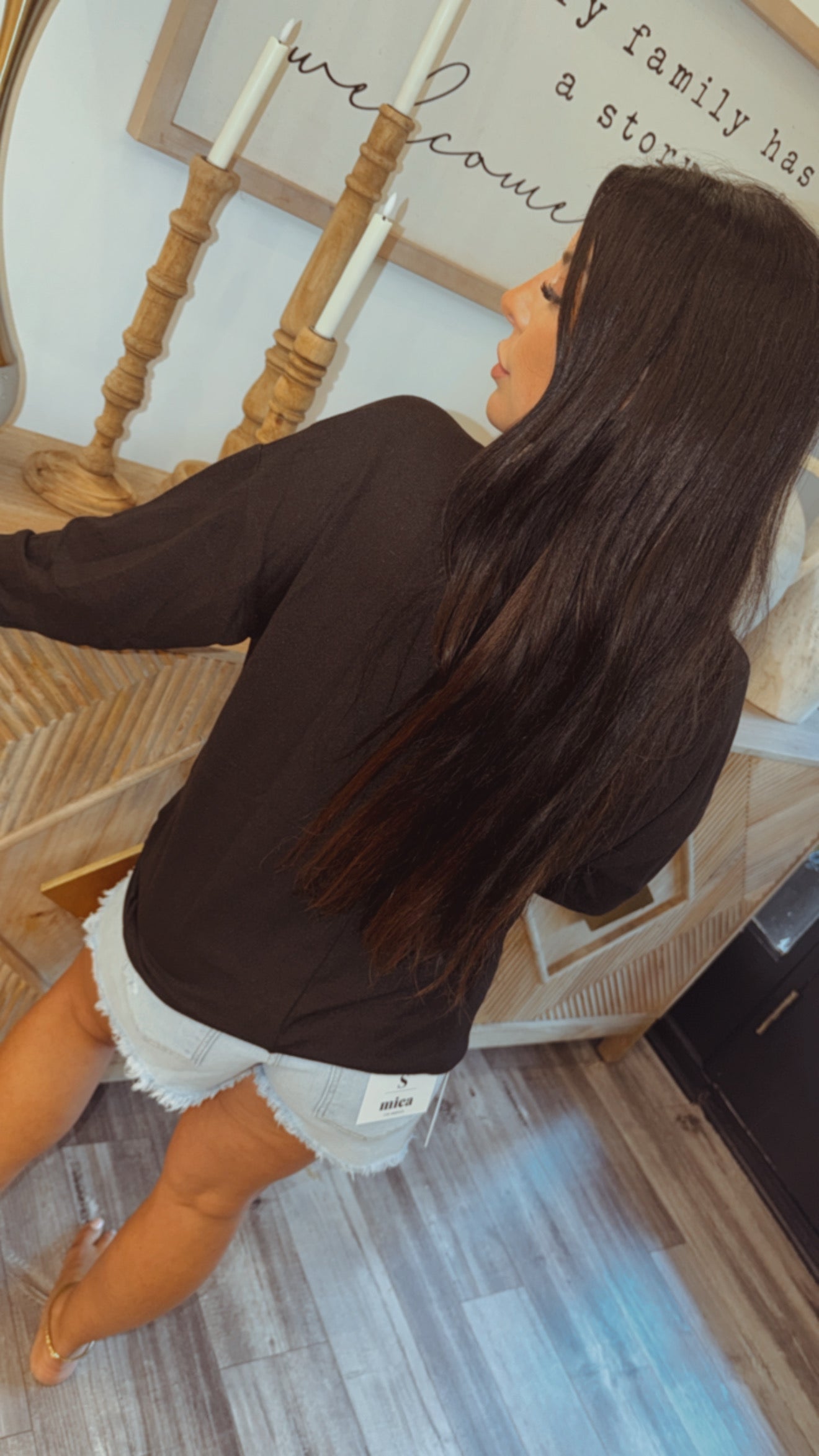 Black Loose Fit Lace Trim V neck Long Sleeve Top