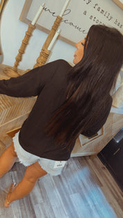 Black Loose Fit Lace Trim V neck Long Sleeve Top