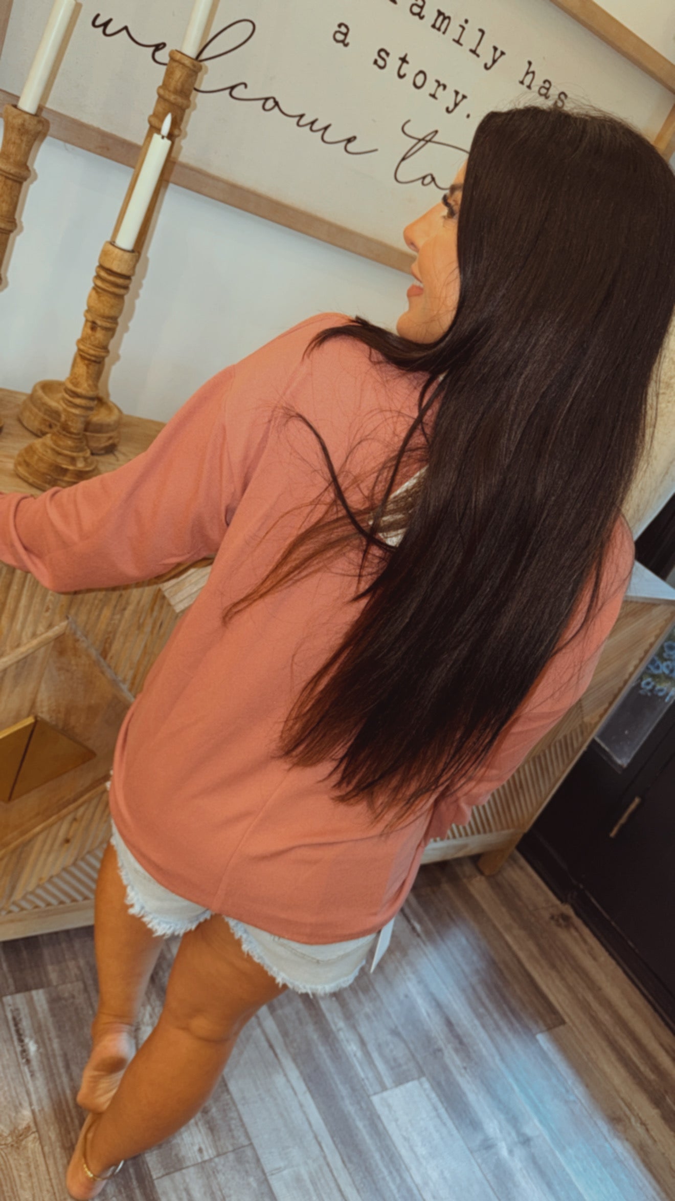 Dusty Rose Loose Fit Lace Trim V neck Long Sleeve Top