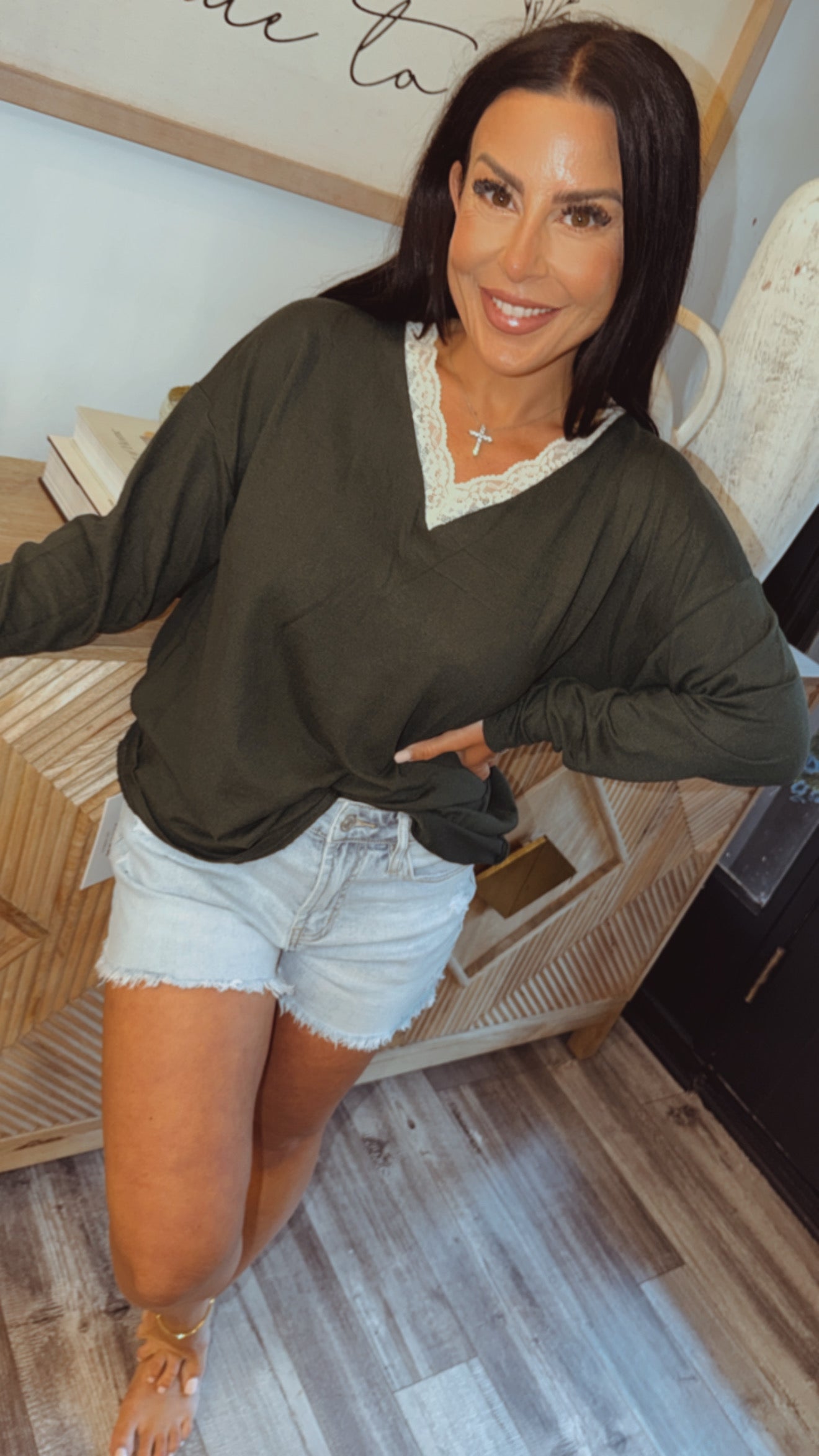 Forset Green Loose Fit Lace Trim V neck Long Sleeve Top