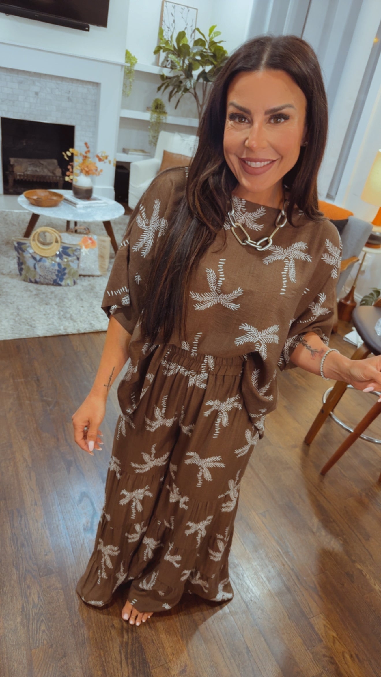 Chic Wide Leg Brown and White Palm Tree Pants