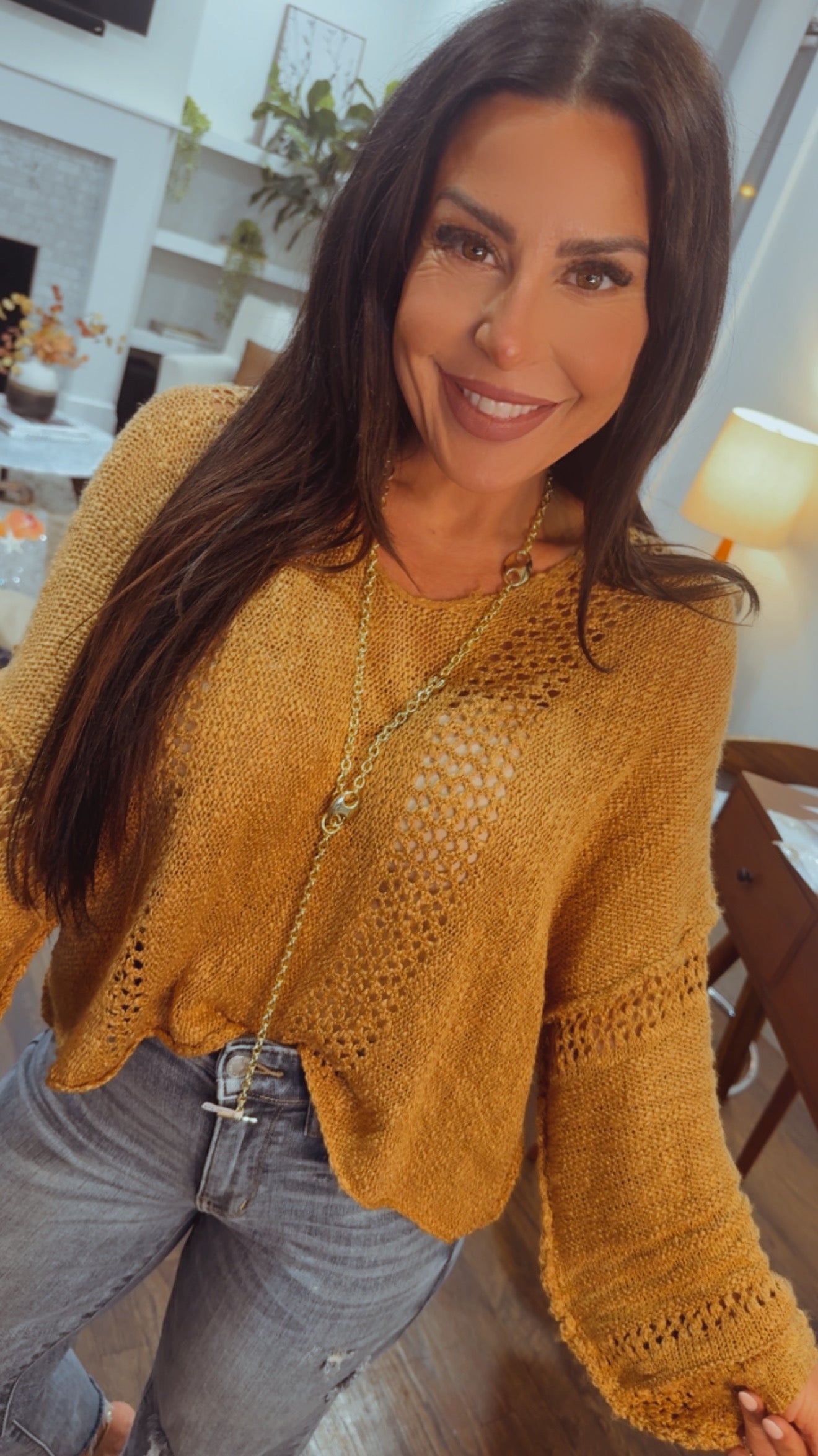 Chic Heaven Soft Open Knit Lightweight Gold Sweater Top