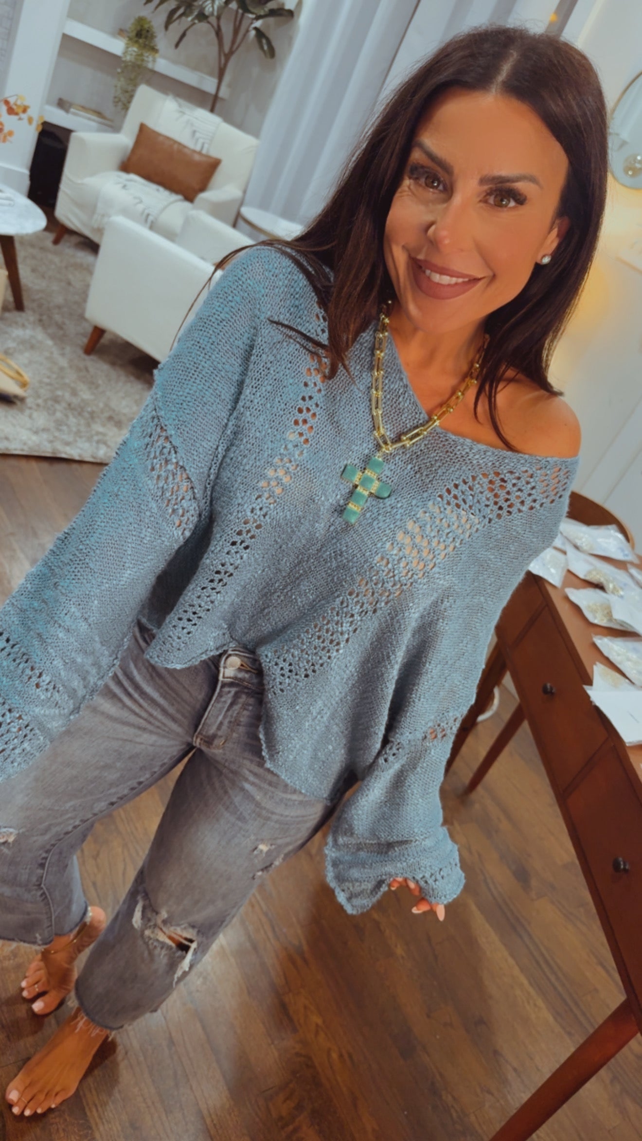 Chic Heaven Soft Open Knit Lighteight Blue Sweater Top