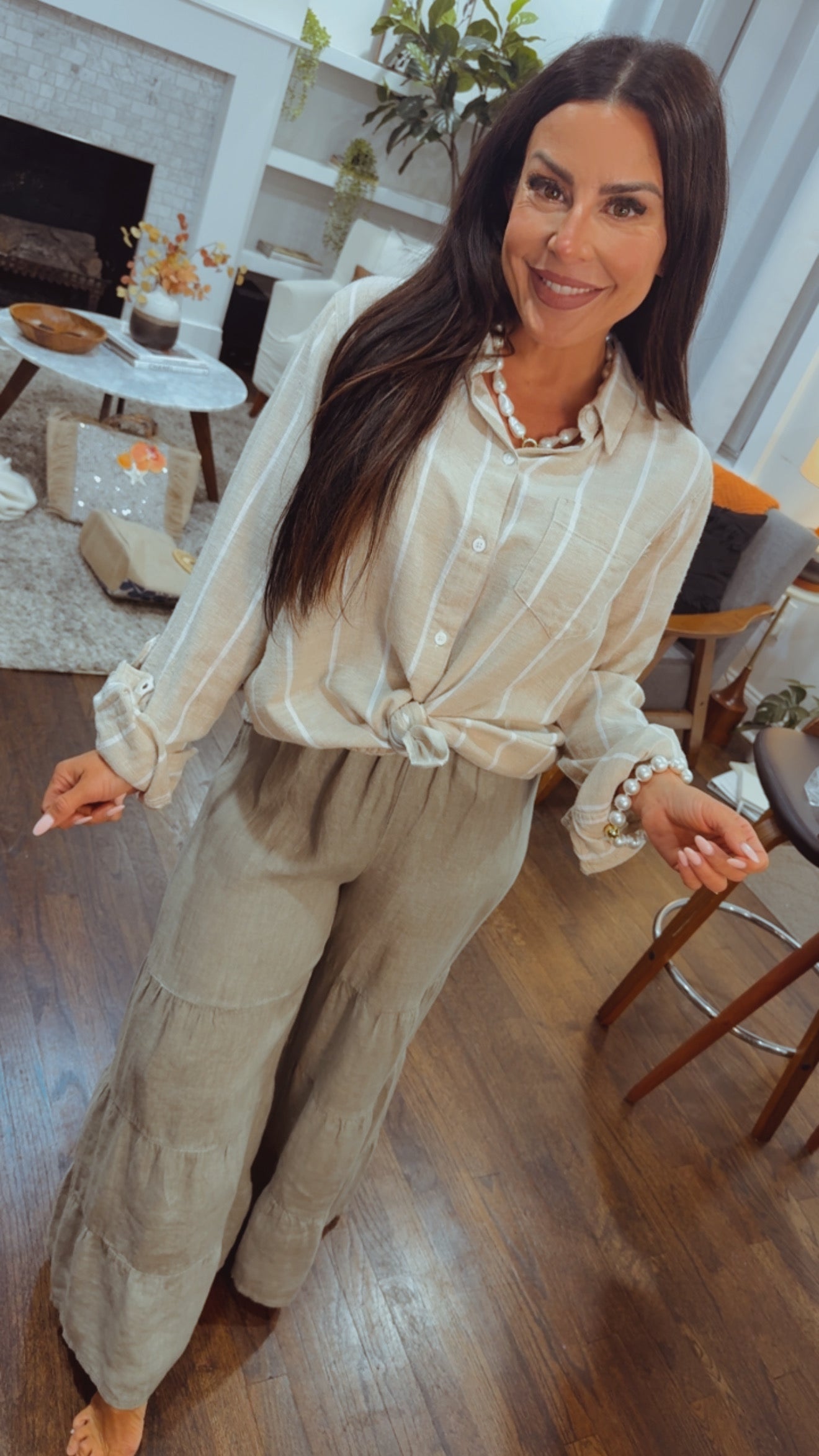 Elegant Stone Washed Taupe and White Striped Button Up Top