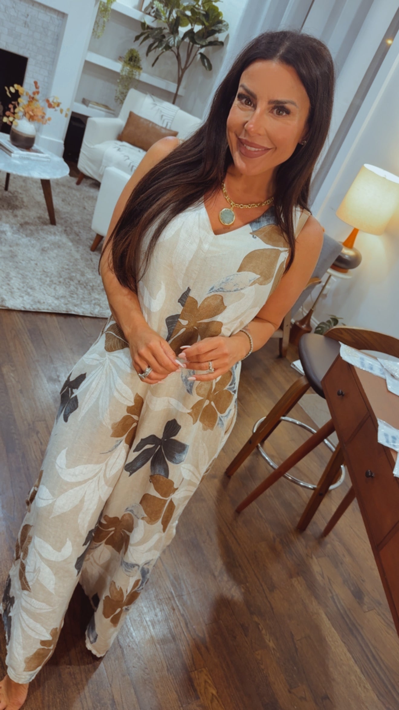 Chic Loose Fit  Natural And Floral Jumpsuit