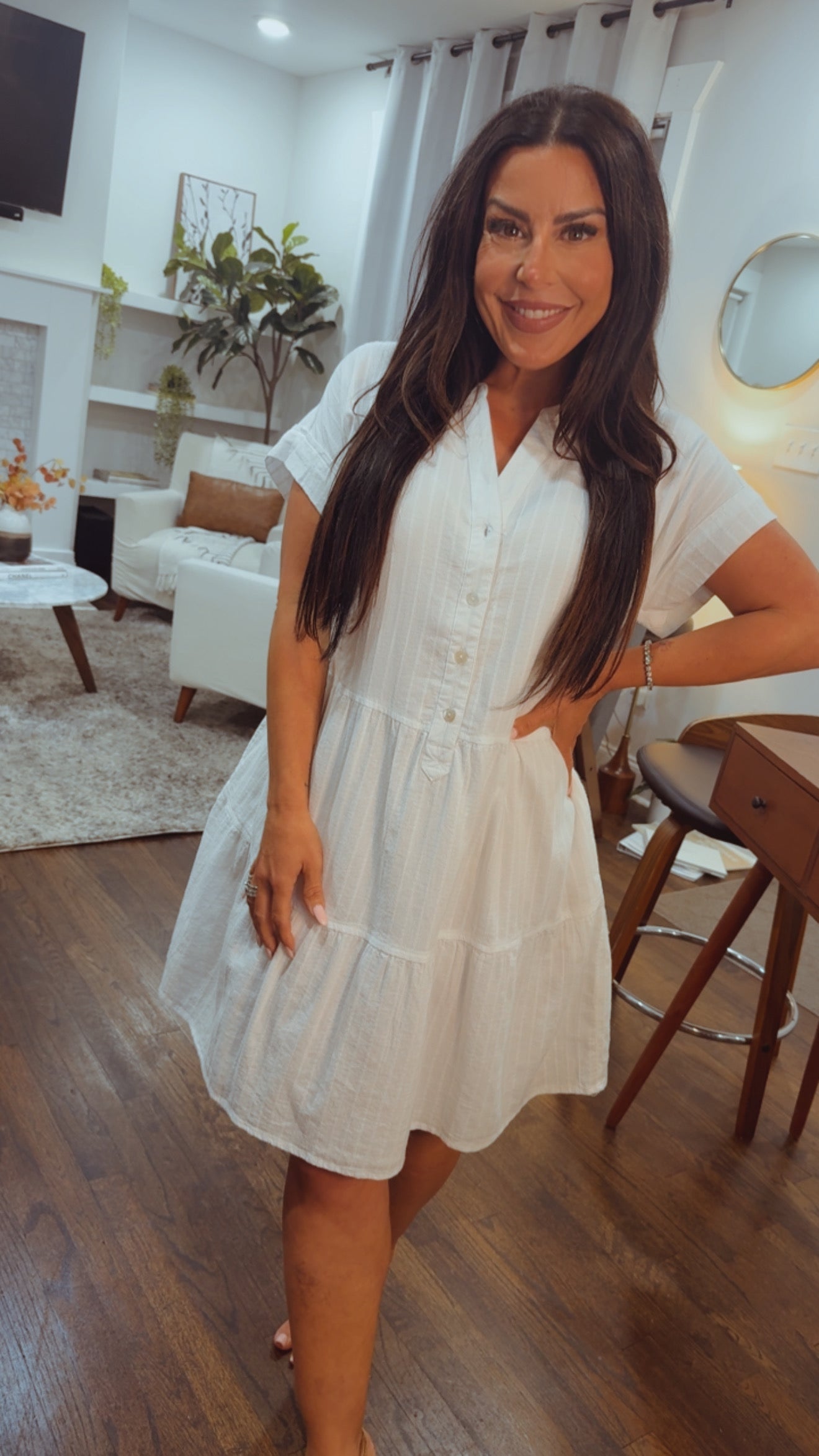 Chic White Button Up Vneck Dress