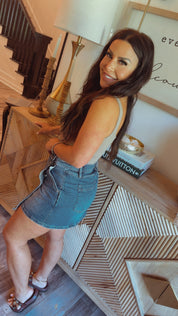 Side Button Denim High Rise Wrap Mini Skirt