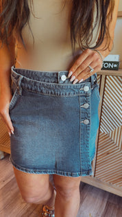 Side Button Denim High Rise Wrap Mini Skirt