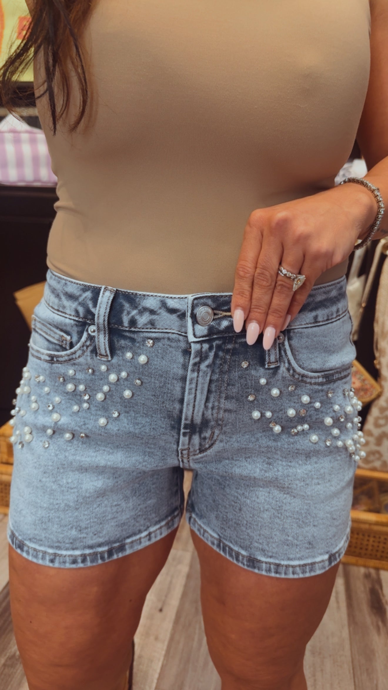 Chic Pearl and Crystal High Rise Denim Shorts
