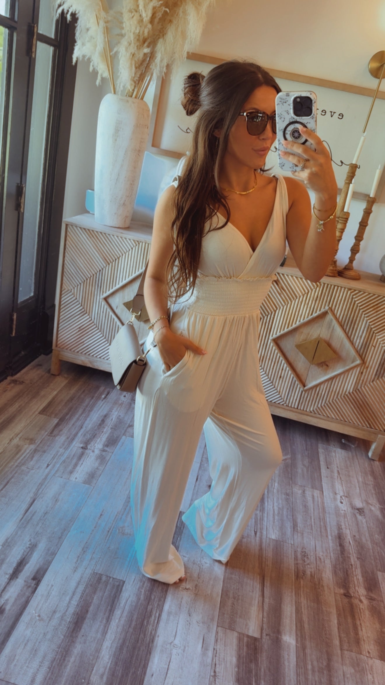 Chic Loose Fit V-neck Natural Jumpsuit