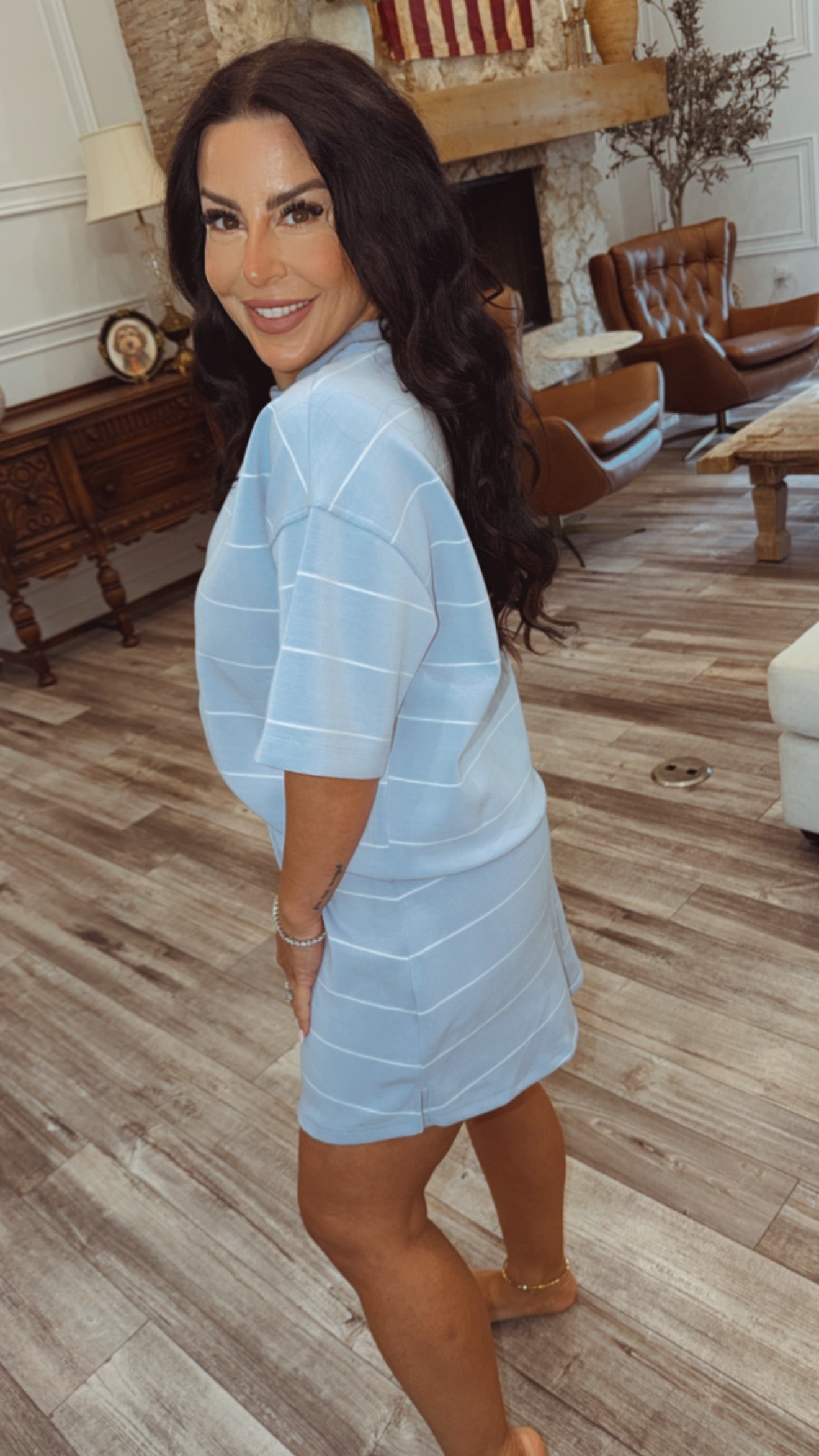 Rae Mode Light Blue and White Striped Modal Luxe Athletic Skort