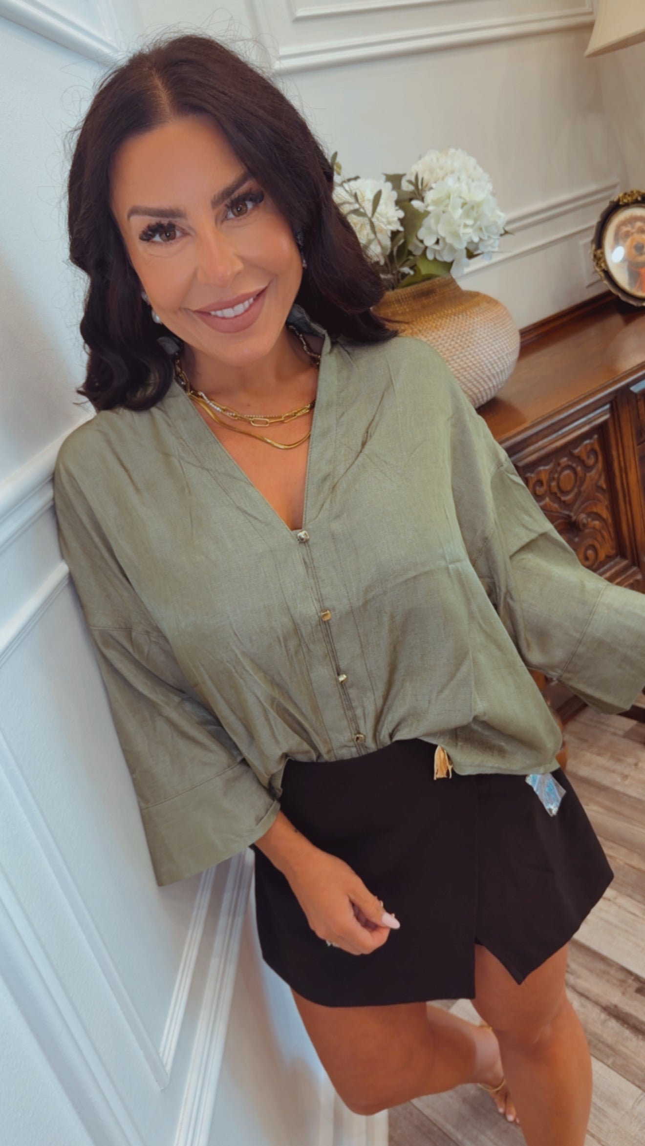 Chic Olive And Gold Button Up Blouse