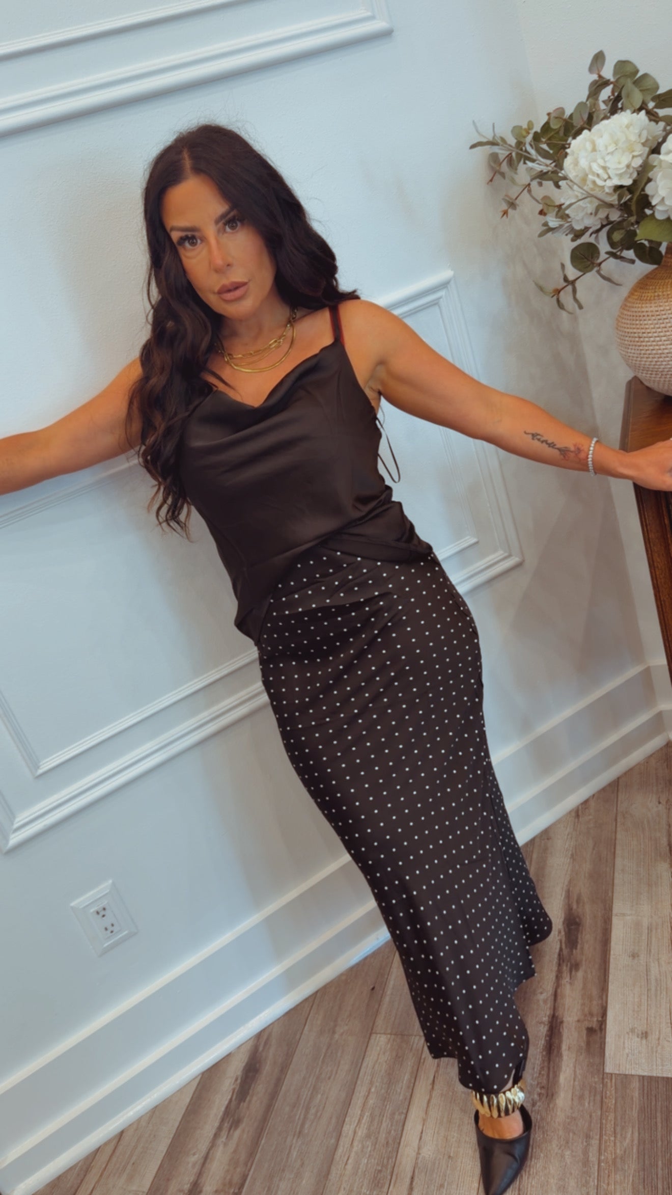 Silky Black Low Back Flowy Date Night Top