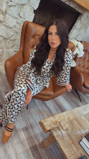 Brown And Cream Silky Horse Button Up Top