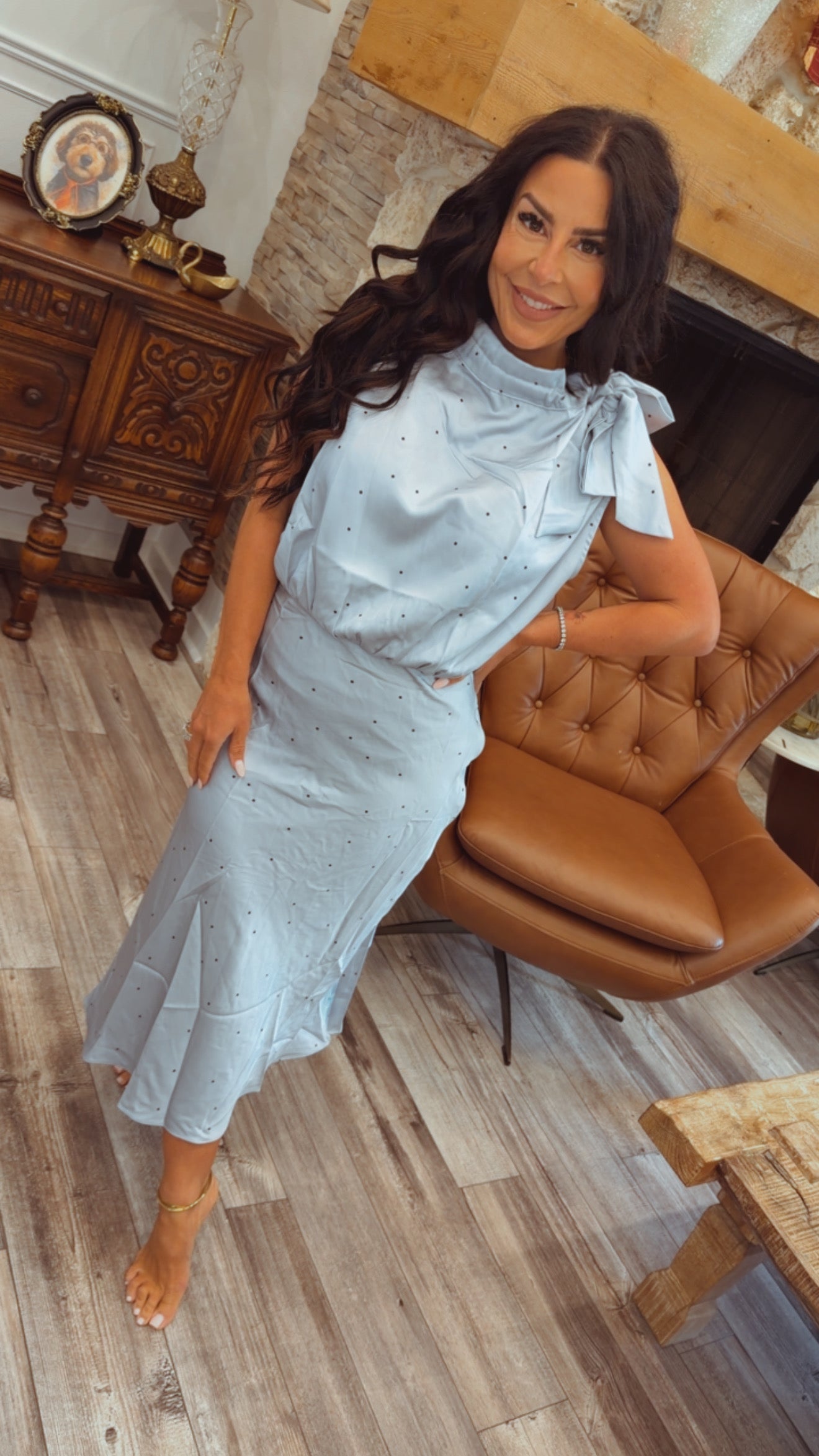 Dusty Blue and Black Dot Dress