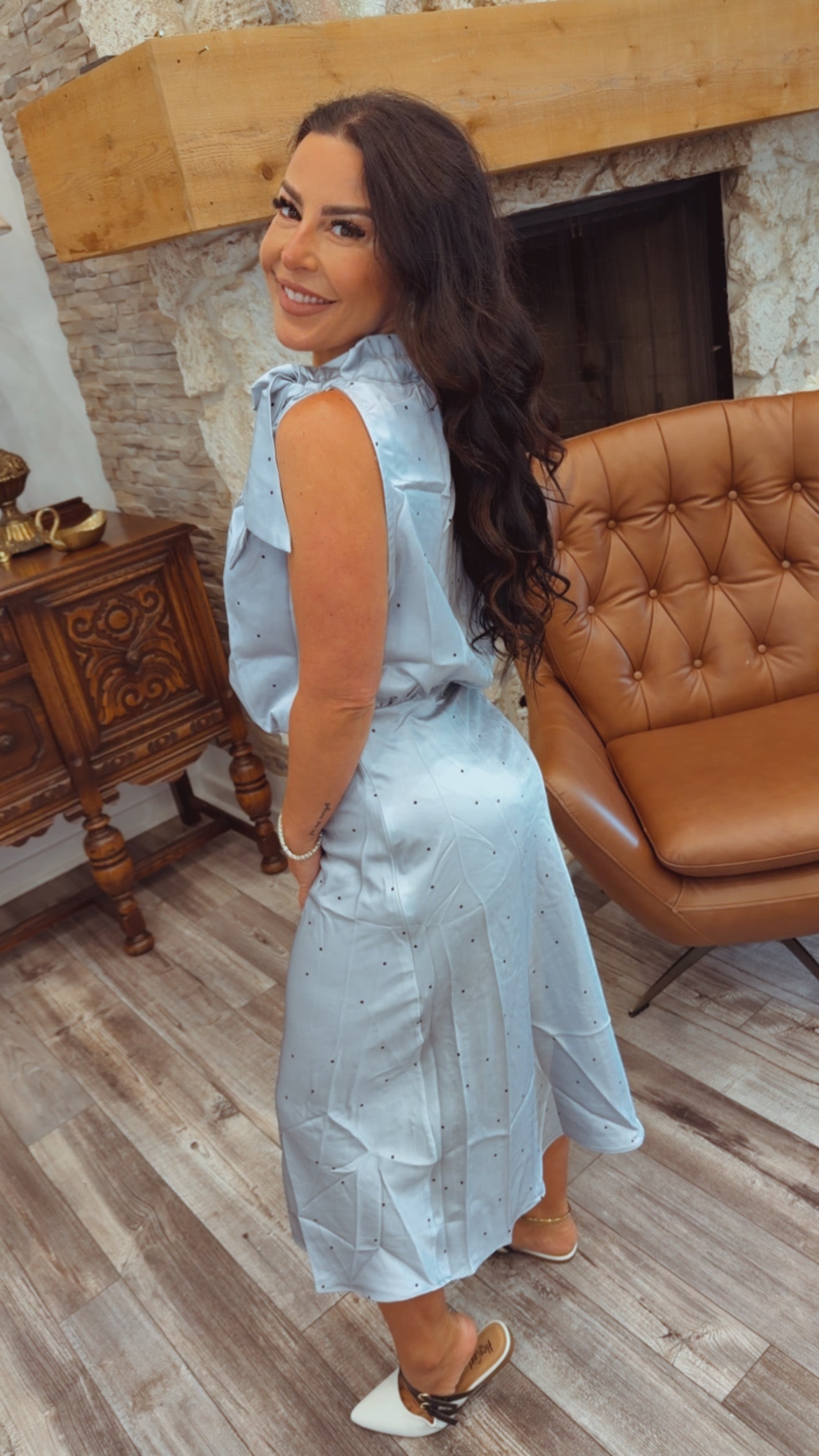 Dusty Blue and Black Dot Dress