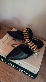 Black and Gold Chunky Strap Pointed Flats